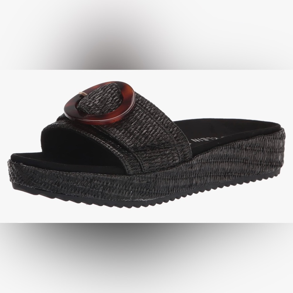 Anne Klein Versa Platform Sandal - Black Raffia, Tortoise Buckle - SZ 8.5